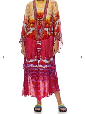 NWT CAMILLA SILK DOUBLE LAYERED FRINGE ROBE BANSHEE BECKONS OS